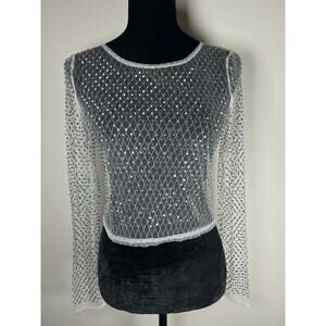 Y2K Top chic long sleeve sheer mesh studs white cropped top New preppy Barbie M